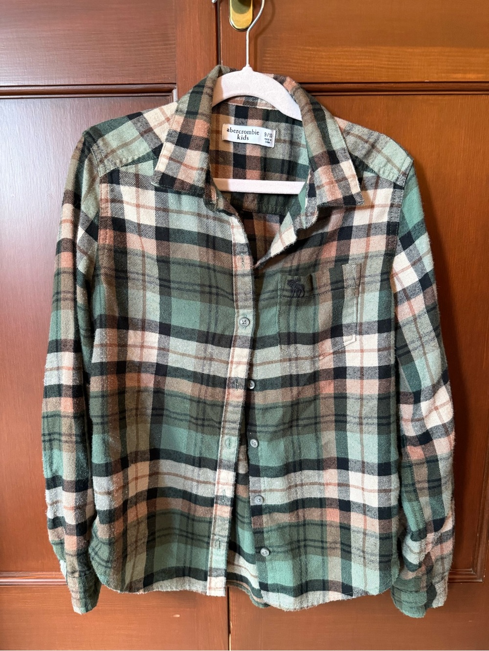 abercrombie kids green and cream plaid button-down shirt